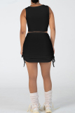 Khaki Sweet Solid Patchwork Draw String Fold Asymmetrical Collar Sleeveless Two Pieces