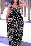 Blue Purple Sexy Casual Print Backless Spaghetti Strap Long Dresses