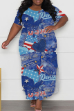 Navy Casual Print Slit O Neck Long Plus Size Dresses