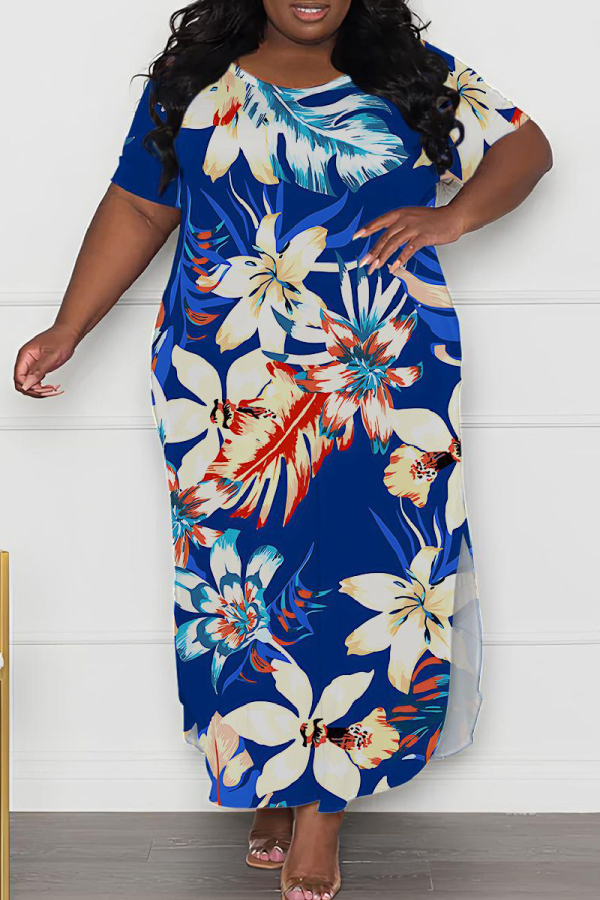Blue Casual Print Slit O Neck Long Plus Size Dresses