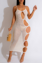 White Sexy Solid Hollowed Out See-through Backless Spaghetti Strap Beach Dresses