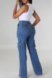 The cowboy blue Street Solid Ripped Patchwork Pocket Buttons Zipper High Waist Straight Denim Jeans