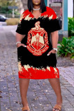 Colour Casual Street Print Patchwork V Neck Straight Plus Size Dresses