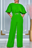 Rose Red Casual Solid Patchwork O Neck Regular Jumpsuits