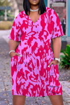Rose Red Casual Solid Basic V Neck Short Sleeve Short Sleeve Dress