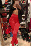 Black Casual Solid Patchwork Slit Fold Skinny Mid Waist Speaker Solid Color Bottoms