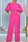 Rose Red Casual Solid Patchwork O Neck Regular Jumpsuits