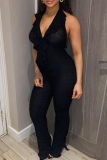 Black Sexy Solid Ripped Bandage Patchwork Flounce Halter Regular Jumpsuits