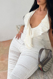 Black Sexy Solid Ripped Bandage Patchwork Flounce Halter Regular Jumpsuits