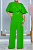 Rose Red Casual Solid Patchwork O Neck Regular Jumpsuits