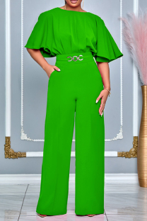 Green Casual Solid Patchwork O Neck Regular Jumpsuits