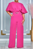 Rose Red Casual Solid Patchwork O Neck Regular Jumpsuits