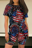 Black Casual Print Patchwork O Neck Short Sleeve Two Pieces