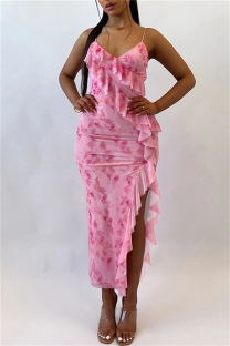 Pink Sexy Print Solid Backless Slit Spaghetti Strap Long Dresses