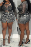 Grey Elegant Print Patchwork O Neck Plus Size Two Pieces