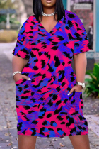 Blue Casual Solid Basic V Neck Short Sleeve Short Sleeve Dress