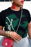 Black Casual Print Basic O Neck T-Shirts