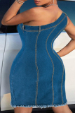 Blue Street Solid Patchwork Oblique Collar Wrapped Skirt Plus Size Dresses