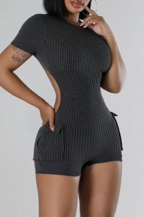 Black Casual Solid Patchwork Pocket Backless O Neck Skinny Rompers