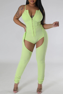 Light Green Sexy Solid Hollowed Out Patchwork Zipper O Neck Skinny Jumpsuits