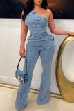 Light Blue Street Solid Patchwork Pocket Oblique Collar Sleeveless High Waist Regular Denim Jumpsuits