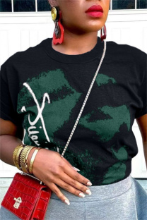 Black Casual Print Basic O Neck T-Shirts
