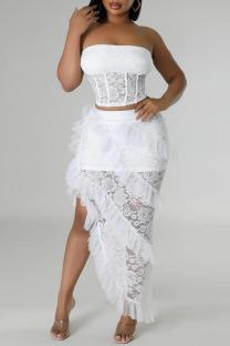 White Sexy Solid Patchwork Backless Asymmetrical Strapless Sleeveless Two Pieces