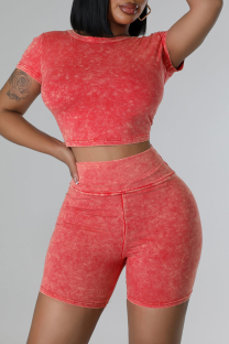 Red Casual Solid Patchwork O Neck Short Sleeve Two Pieces