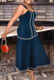 Deep Blue Elegant Tassel Patchwork Backless Contrast Asymmetrical Collar A Line Plus Size Dresses