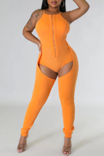 Orange Sexy Solid Hollowed Out Patchwork Zipper O Neck Skinny Jumpsuits