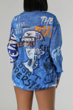 Blue Casual Print Patchwork Pocket Cardigan Collar Long Sleeve Two Pieces