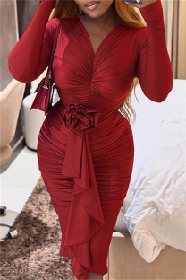 Red Casual Solid Fold V Neck Long Sleeve Dresses
