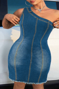 Blue Street Solid Patchwork Oblique Collar Wrapped Skirt Plus Size Dresses