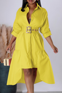 Yellow Sweet Solid Patchwork Buckle With Belt Turndown Collar Irregular Dresses