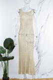 Apricot Sexy Solid Hollowed Out U Neck Beach Dresses