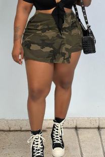 Ink Green Casual Camouflage Print Patchwork Skinny High Waist Conventional Patchwork Shorts