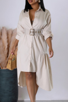 Cream White Sweet Solid Patchwork Buckle With Belt Turndown Collar Irregular Dresses