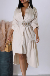 Cream White Sweet Solid Patchwork Buckle With Belt Turndown Collar Irregular Dresses