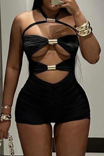 Black Sexy Solid Hollowed Out Patchwork Halter Skinny Rompers