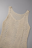 Apricot Sexy Solid Hollowed Out U Neck Beach Dresses