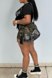 Ink Green Casual Camouflage Print Patchwork Skinny High Waist Conventional Patchwork Shorts