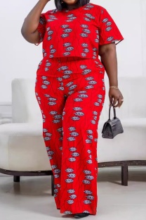 Red Casual Print Basic O Neck Plus Size Two Pieces