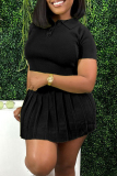 Black Sweet Solid Patchwork Buckle Pleated Turndown Collar Short Sleeve Two Pieces