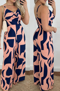 Pink Casual Print Patchwork Backless Spaghetti Strap Regular Jumpsuits