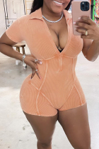 Orange Casual Solid Patchwork V Neck Skinny Rompers
