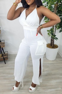White Casual Solid Hollowed Out Backless Slit Spaghetti Strap Skinny Jumpsuits