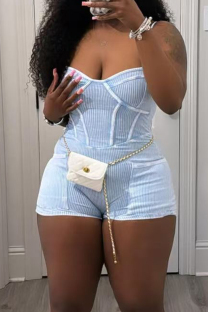Light Blue Casual Solid Patchwork Spaghetti Strap Skinny Rompers
