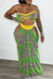 Green Sexy Print Hollowed Out Patchwork Strapless Sleeveless Two Pieces