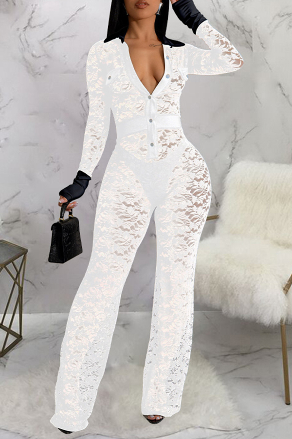White Sexy Lace Patchwork Buckle See-through Contrast Turndown Collar Skinny Jumpsuits