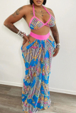 Blue Street Print Hollowed Out Patchwork Halter Sleeveless Two Pieces